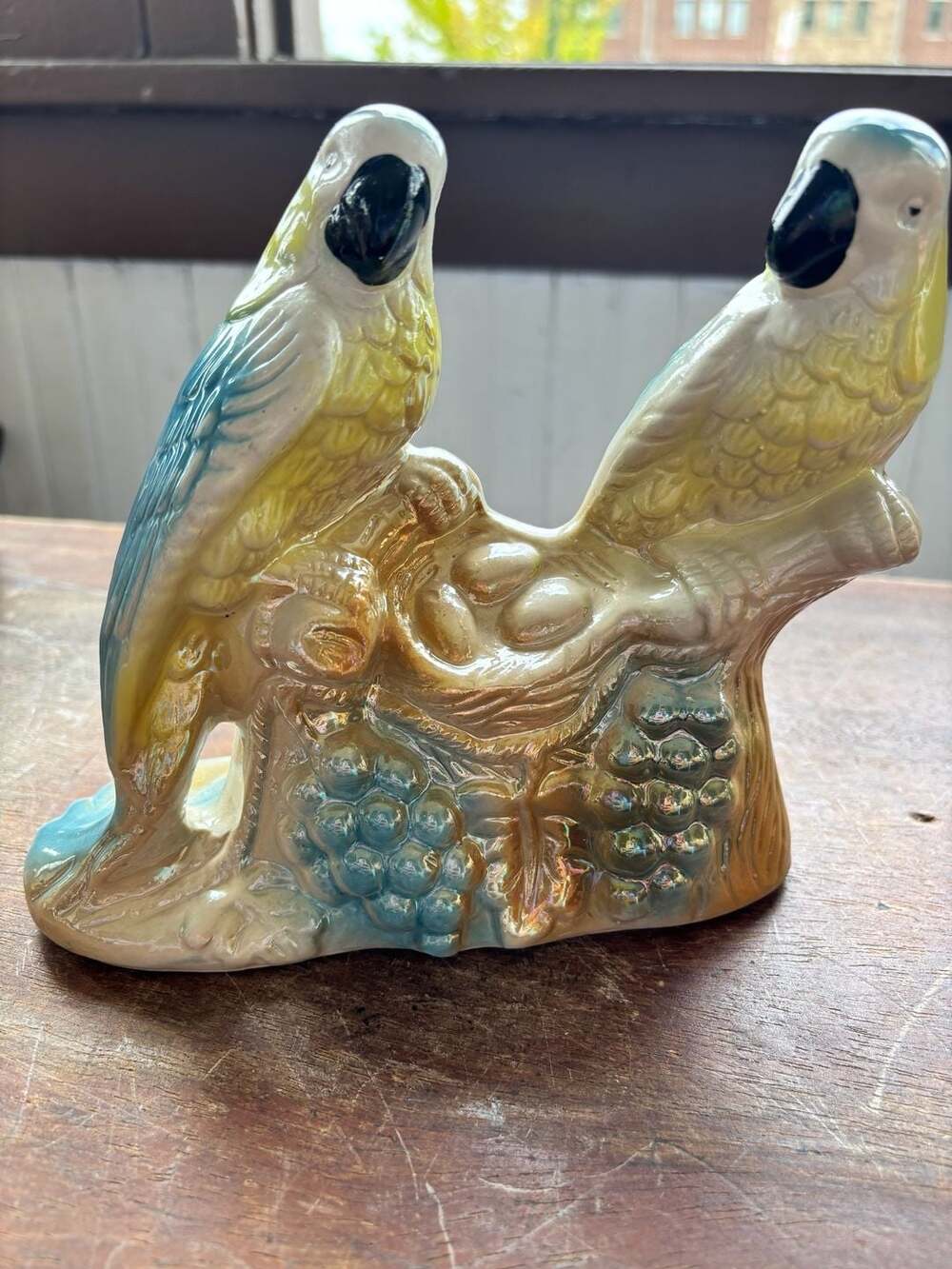 Vintage Brazil Glazed Ceramic Parrot Pair Figurine with Nest and Grapes